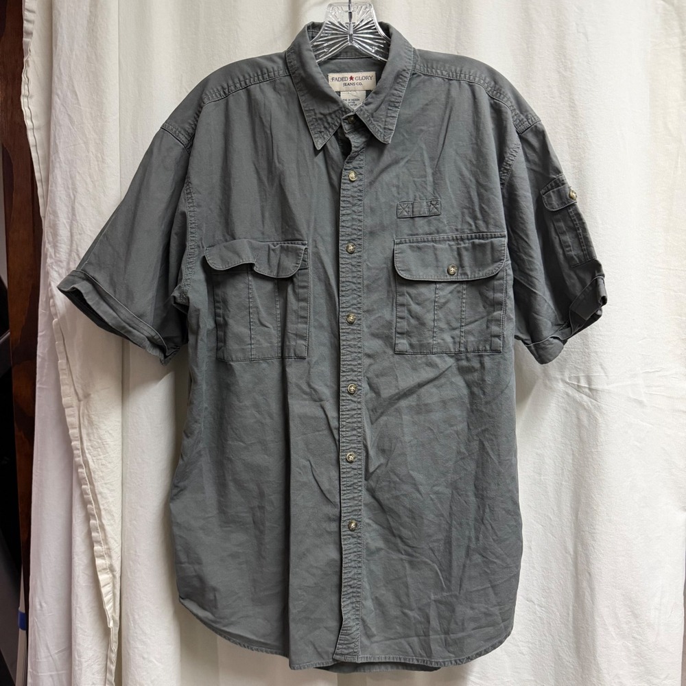 VTG Faded Glory Mens Y2K Gray Short Sleeve Utility Button Down Shirt Size Medium